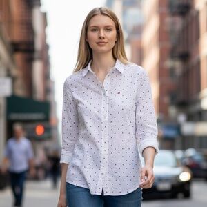 Tommy Hilfiger White and Black Polka Dot Button Down Shirt